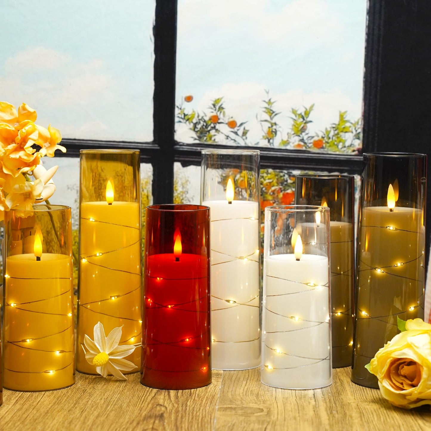 Nimiko Flickering Flameless LED Candles,Battery Operated Candles 9 Pcs with Embedded Star String,Acrylic LED Pillar Candles with Remote,Suitable for Home Decoration to Create an Atmosphere(Red)