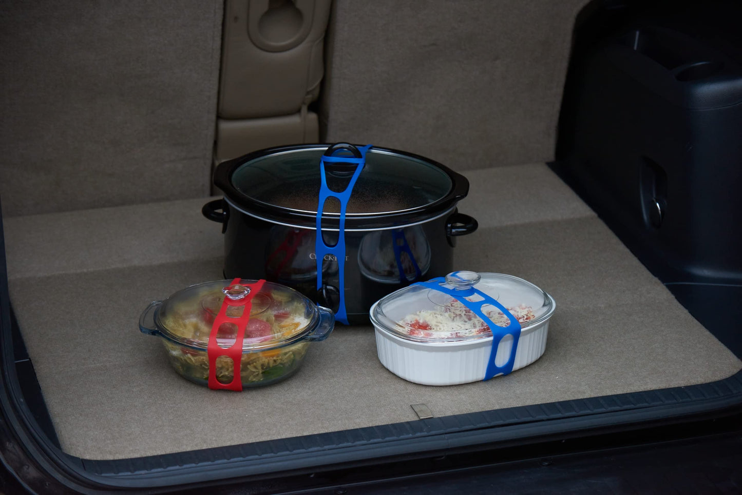Lid Latch the reusable universal lid securing strap for crockpots, casserole dishes, pots, pans and more. Make it easy to transport your favorite dishes with one simple strap.