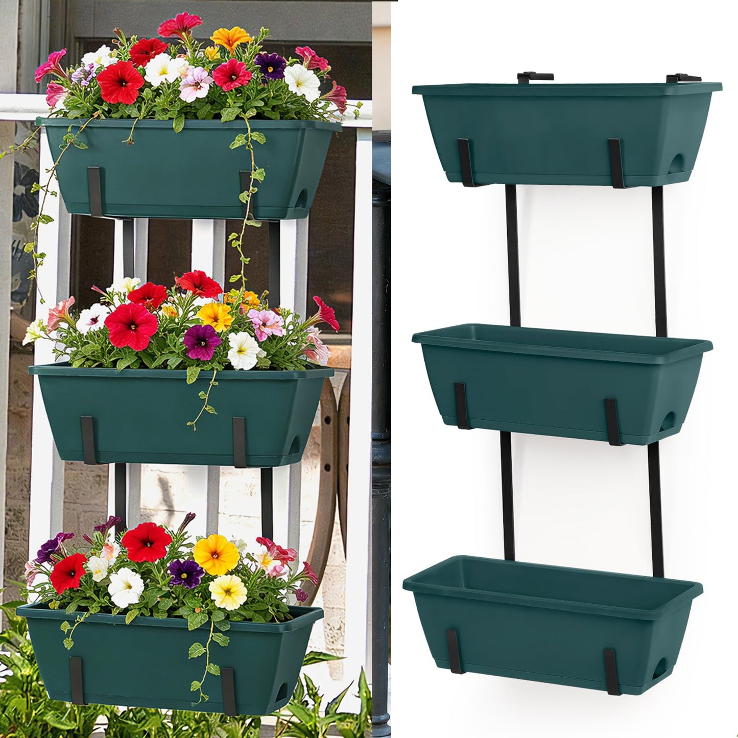 Window Boxes Planters with Adjustable Brackets Set of 2 Outdoor Fence Planters, Over the Deck Railing Planter Box with 6 Pack Hanging Plastic Flower Pots, Drainage Holes for Balcony, Patio, Green