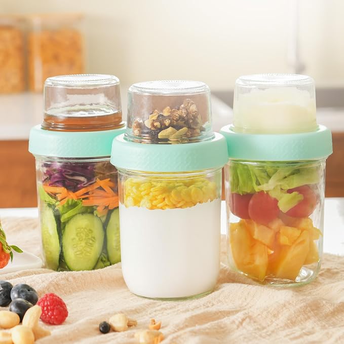 4oz 16 oz Glass Overnight Oats Containers with Lids 4Pack, Yogurt Parfait Cups with Dry and Wet Separation, Breakfast Prep Bowl for Cereal Nut Fruit Meal, To Take Along Oatmeal Salad Smoothie Snack