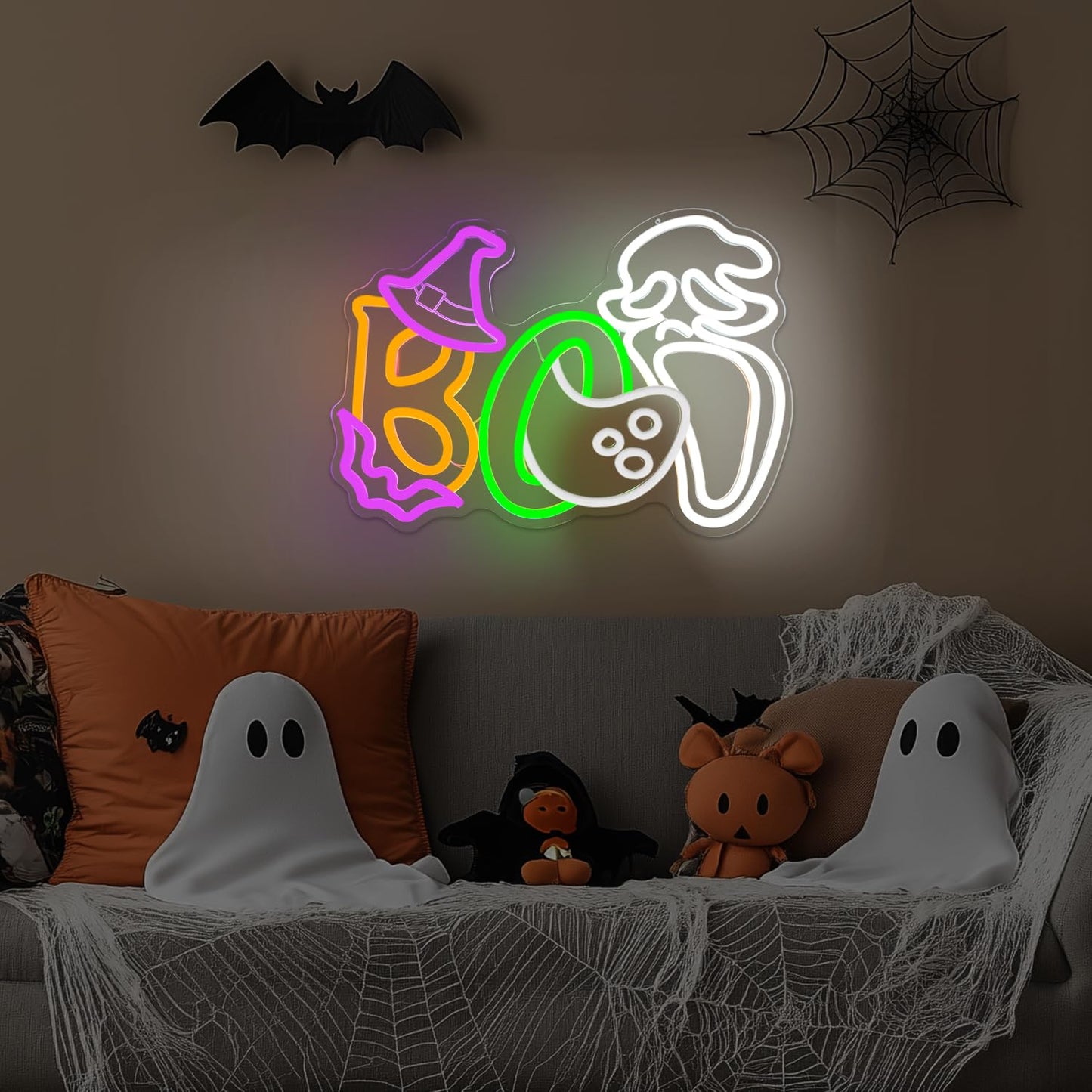 Halloween Boo Neon Sign for Wall Decor Ghost Face Led Sign Animated Looks Like The Ghost Was Eaten Bat Witch Hat Ghost Neon Light Up Sign for Window Bar Horror Halloween Party Man Cave Game Room