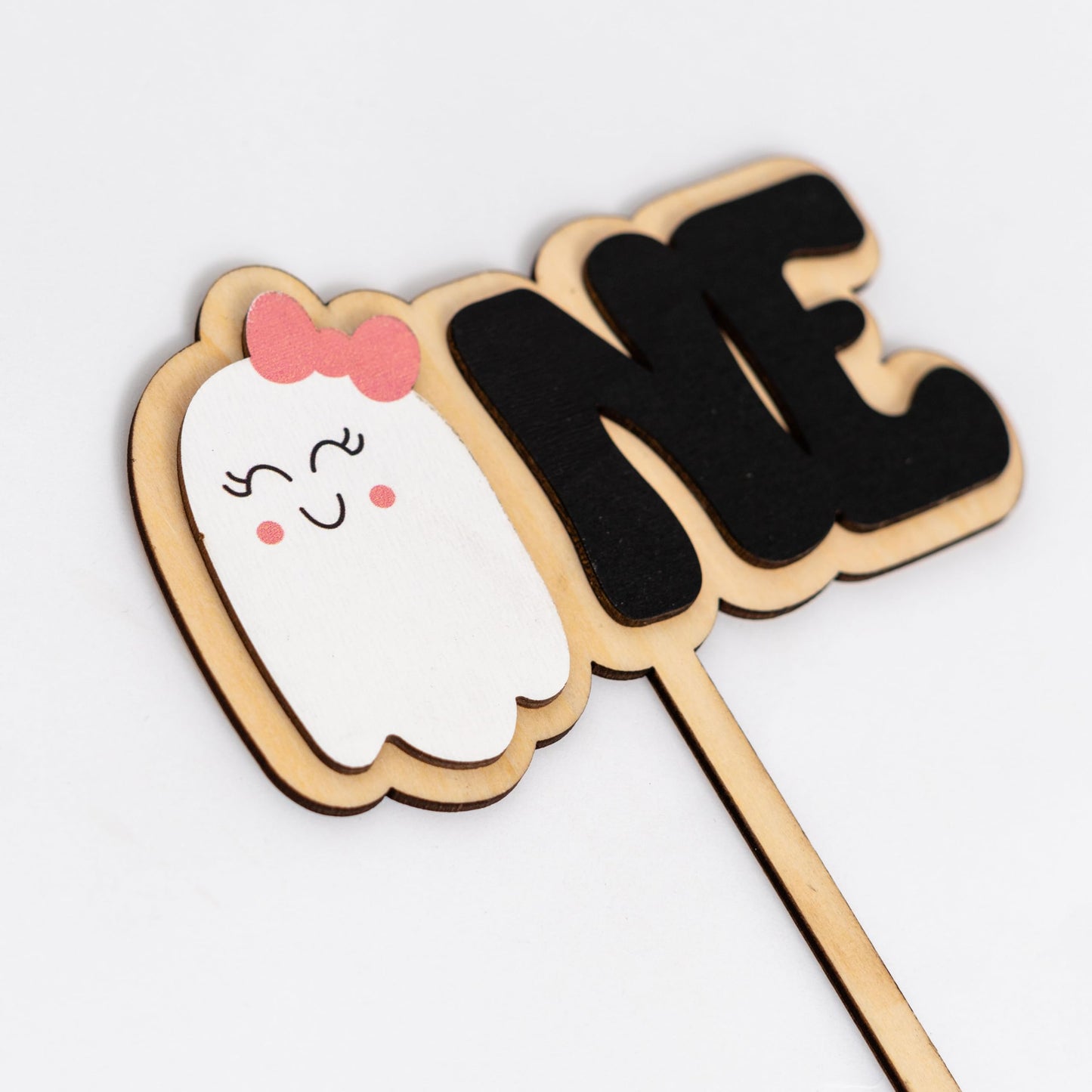 MUWEOL Spooky One Cake Topper - Halloween First Birthday Party Decoration,Little Cute Ghost With Pink Bow Wooden Cake Topper (spooky topper)