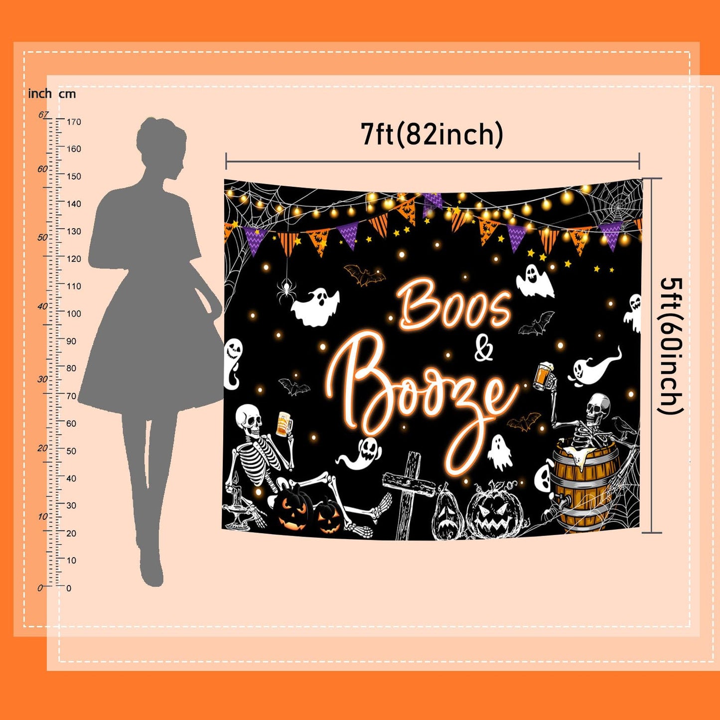 Mocsicka Halloween Boos and Booze Backdrop Skeleton Halloween Banner for Adult Cocktails Party Background for Photography Ghost Spooky Party Supplies (Black, 7x5ft(82"x60"))