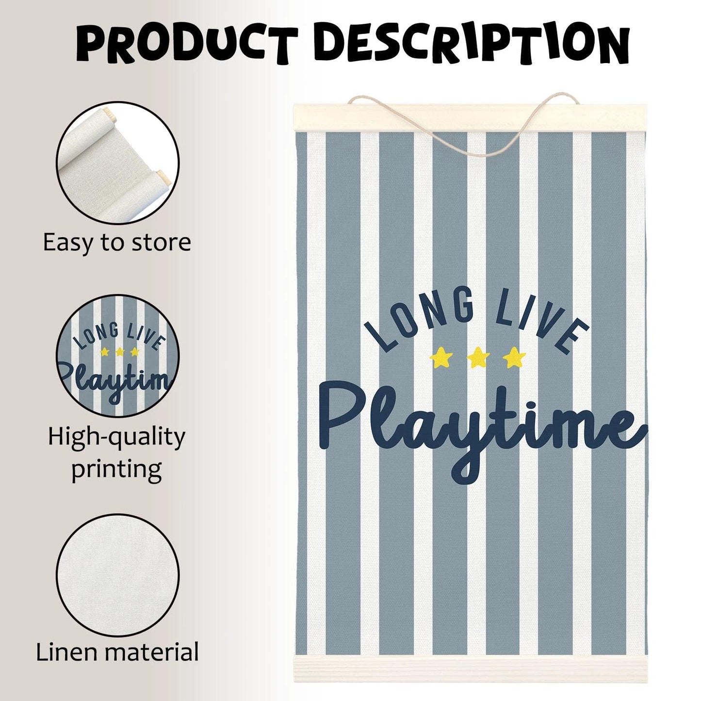 LKETW Kids Playroom Poster Hanger Frame 12x16 Inch, Long Live Playtime Wall Art Posters for Playroom, Blue Striped Hanging Banner Decor for Kids Toddler Boy Nursery Room Bedroom