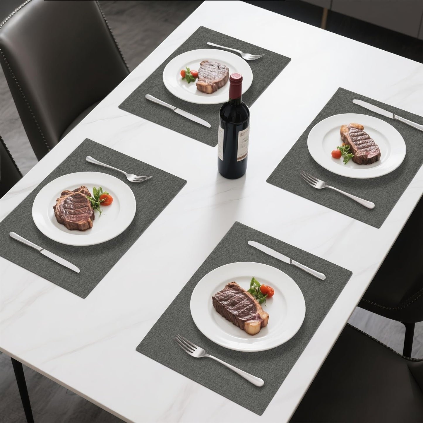 Linen Cloth Double Layers Placemats, Cotton Woven Placemats Set of 6, Kitchen Table Farmhouse Decor Heat Resistant Table Mats, Outdoor Indoor Square Fabric Place Mats Can be Washable (Dark Gray)