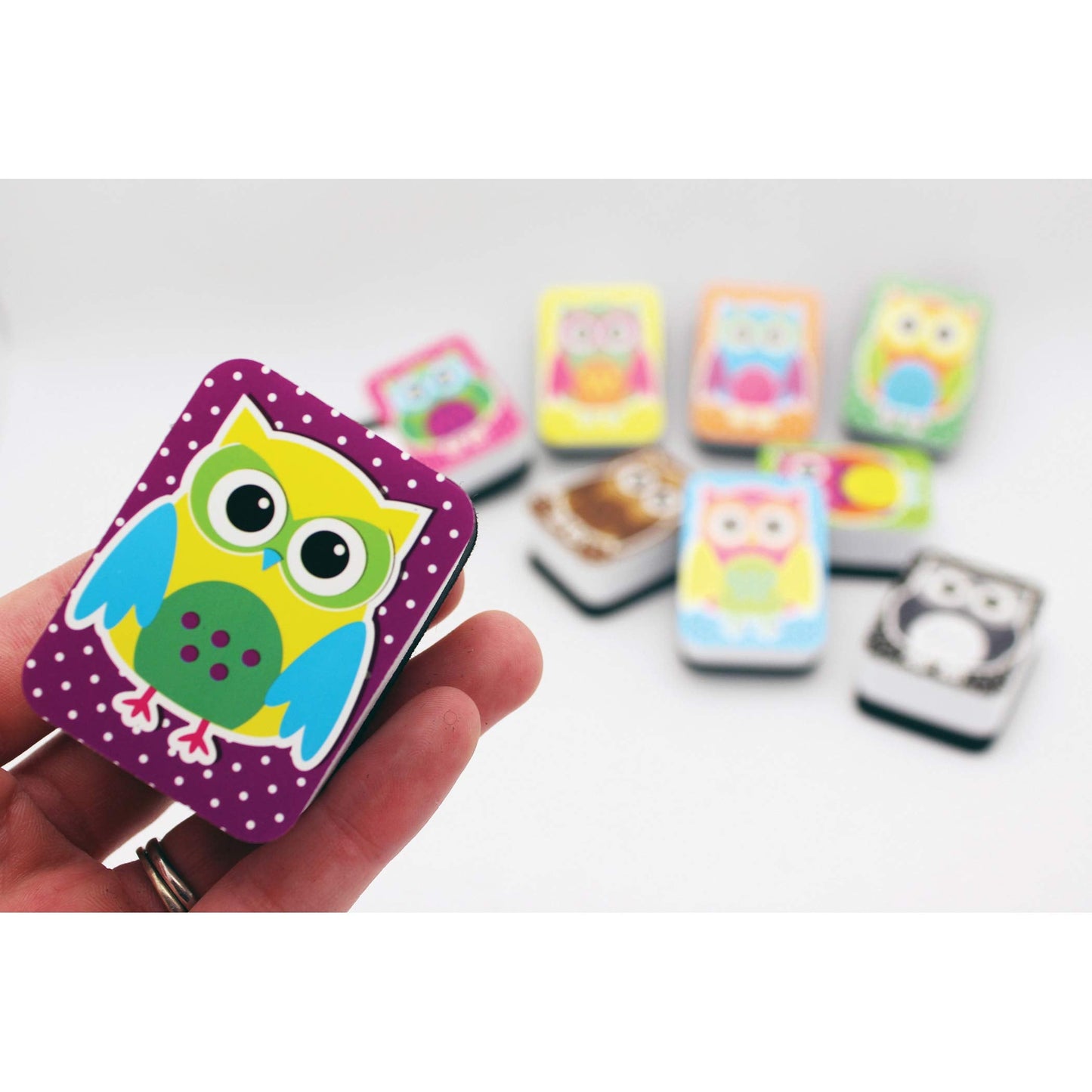 Ashley Productions Colorful Owls Non-Magnetic Mini Whiteboard Eraser (10 Pack), 2" x 1.5" x .75"
