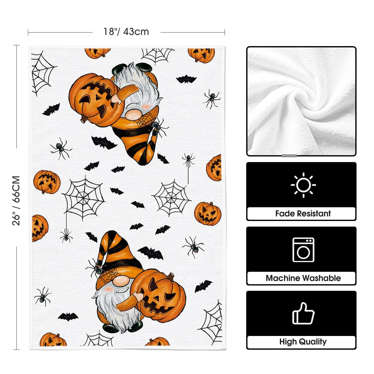 Artoid Mode Pumpkin Gnome Halloween Kitchen Towels Dish Towels, 18x26 Inch Bats Spider Web Jack-O'-Lantern Decoration Hand Towels Set of 2