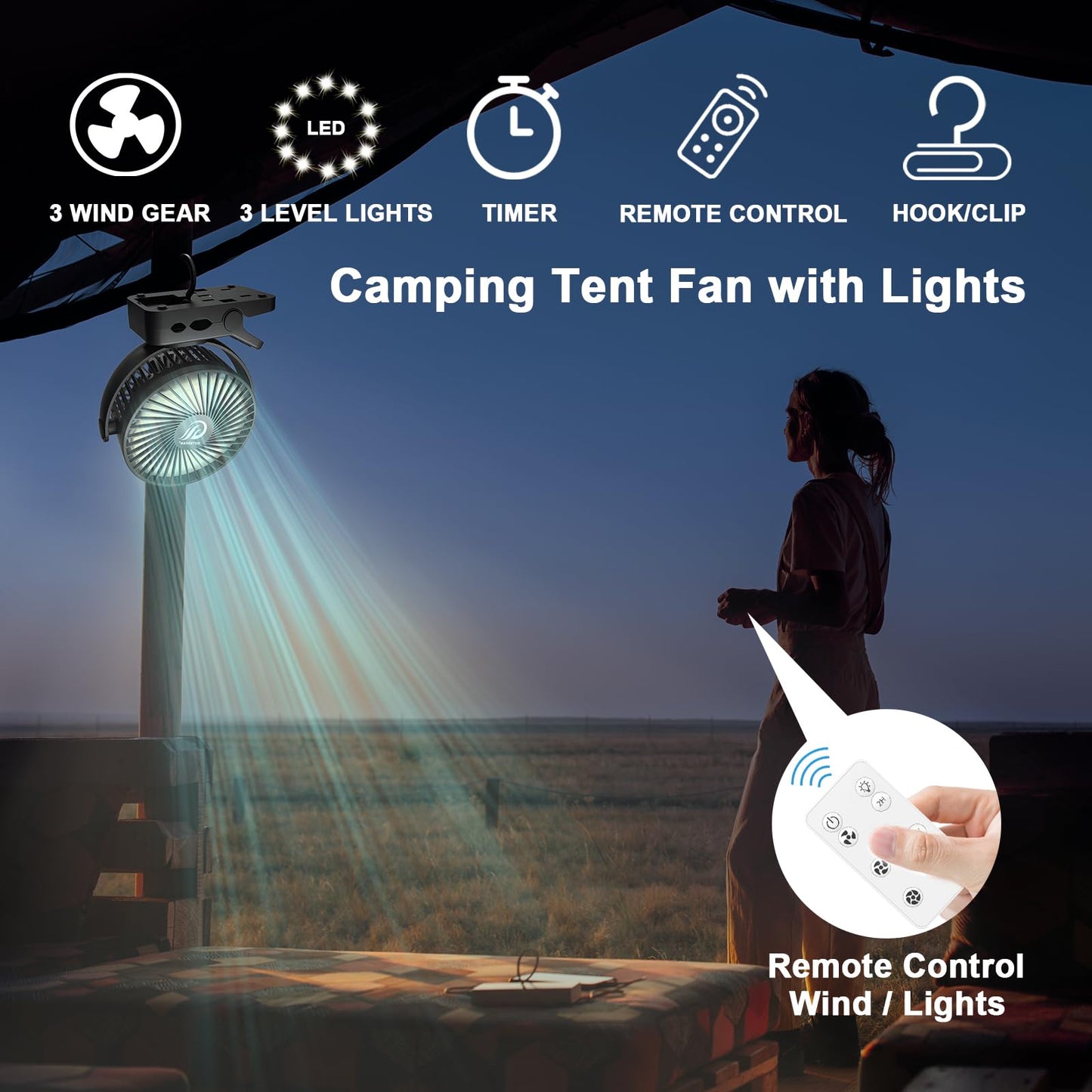 OUTERFAN Portable Fan with Remote Control & Timer & LED Lights, 60hrs 12000mAh USB Rechargeable Battery,Clamp/Hanging/Stand Up, Small Clip on Fan for Baby Stroller, Bed, Desk, Camping Tent, Travel