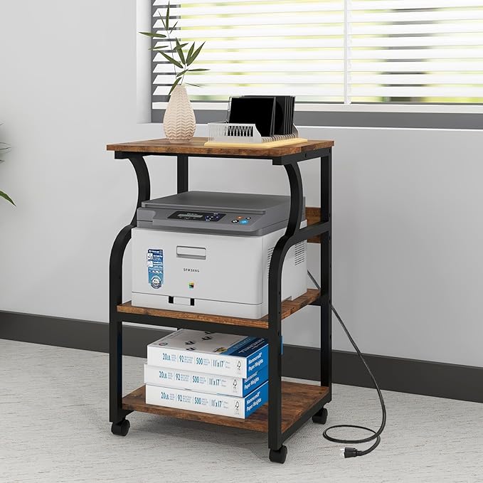 Natwind 3 Tier Printer Stand,Rolling Printer Table with Adjustable Storage Shelf for Home Office Organization,Multifunctional Shelves for Heat Press,3D Printer (Retro)