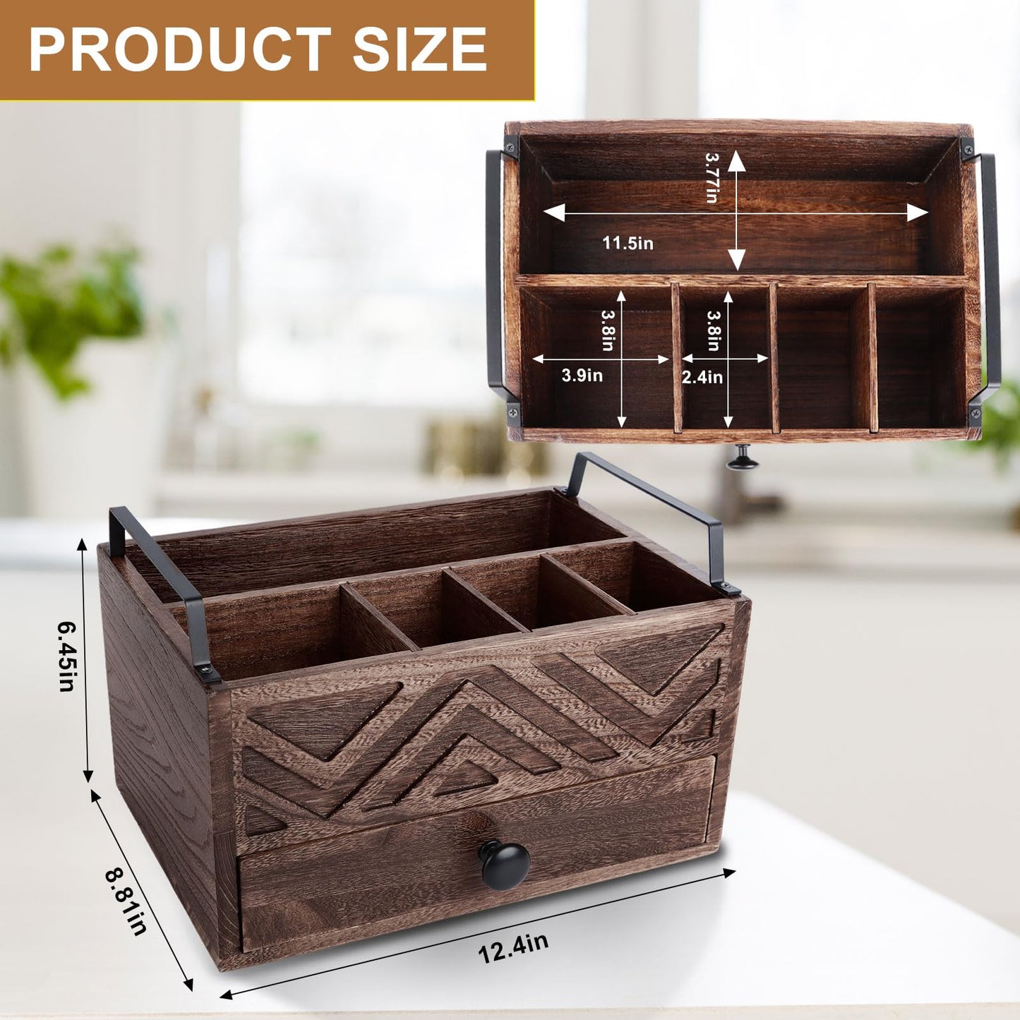 Aikosell Paper Plate Dispenser with Drawer, country style Wood Kitchen Counter, Picnic, Party, Camping - Caddy Organizer for Cups, Spoons, Forks, Plates, office supplies, Napkins & Silverware