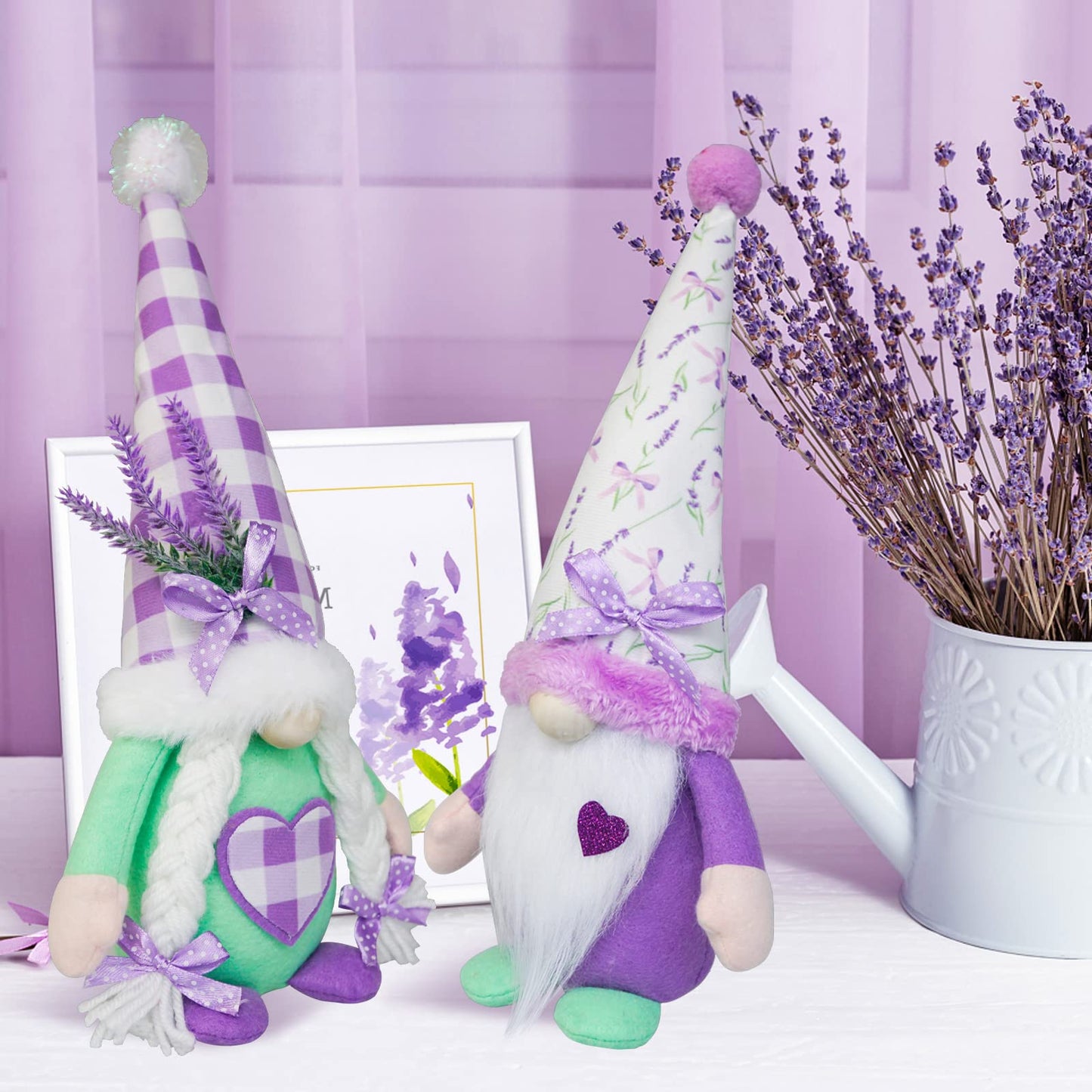 KnomeKo Spring Gnome Decor Set of 2, Lavender Gnomes with Sage Green & Purple Ribbon Bows, Plush Swedish Gnome Decorations for Home Tiered Tray Farmhouse Kitchen, Birthday Gift for Women
