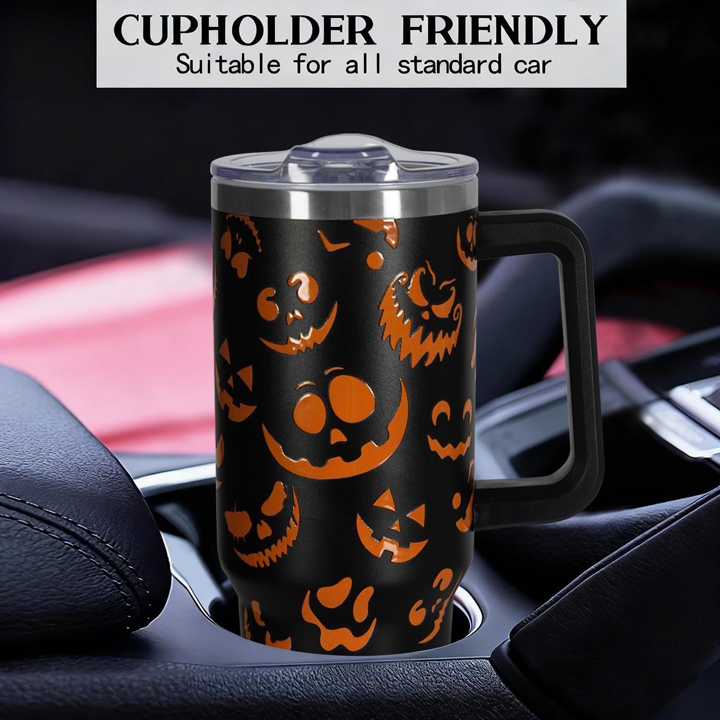 CHOKOMETRY 40 oz Halloween Tumbler With Handle Lid and Straw,5D Orange Pumpkin Ghost Face Print Tumblers,Halloween Stainless Steel Insulated Travel Mug Black Coffee Cup Gifts for Women Men Adults