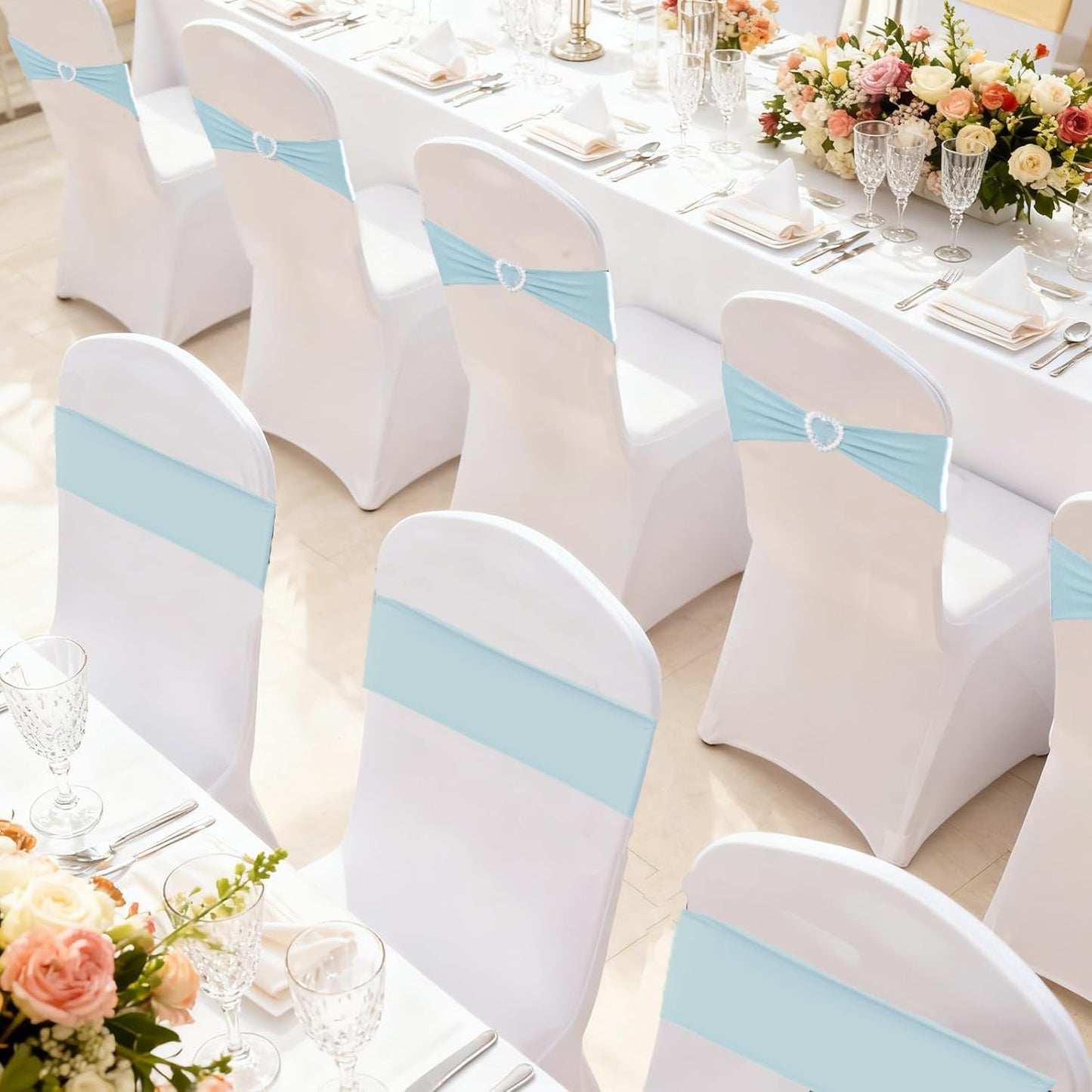 Fbewom Spandex Sky Blue Chair Sashes Bows 50 Pack Stretch Chair Cover Bands with Buckle Slider Elastic Chair Ties for Wedding Banquet Party Event Decoration