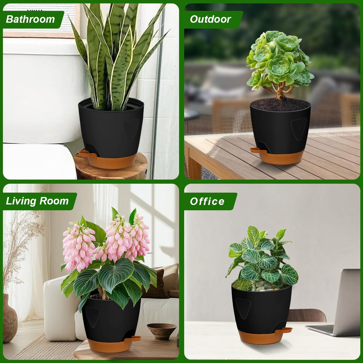 5-Pack Plant Pots with Drainage 7/6.5/6/5.5/5 Inch Self Watering Pots for Indoor Outdoor Plants, Plastic Flower Pots with Drainage Holes and Removable Saucers, Plant Pots with Wicking Rope (Black)