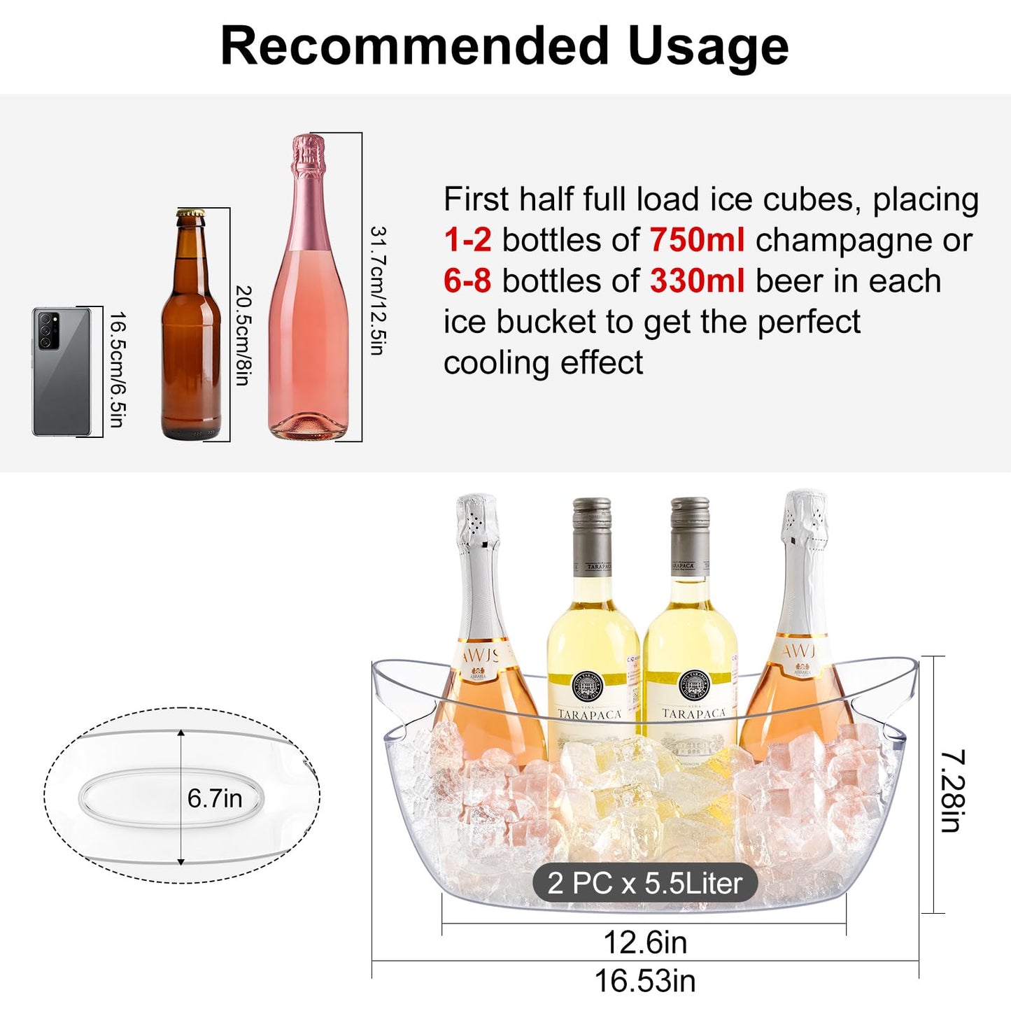 Blaithom 2-Pack Ice Buckets for Parties, 5.5L Clear Acrylic Beverage Tub