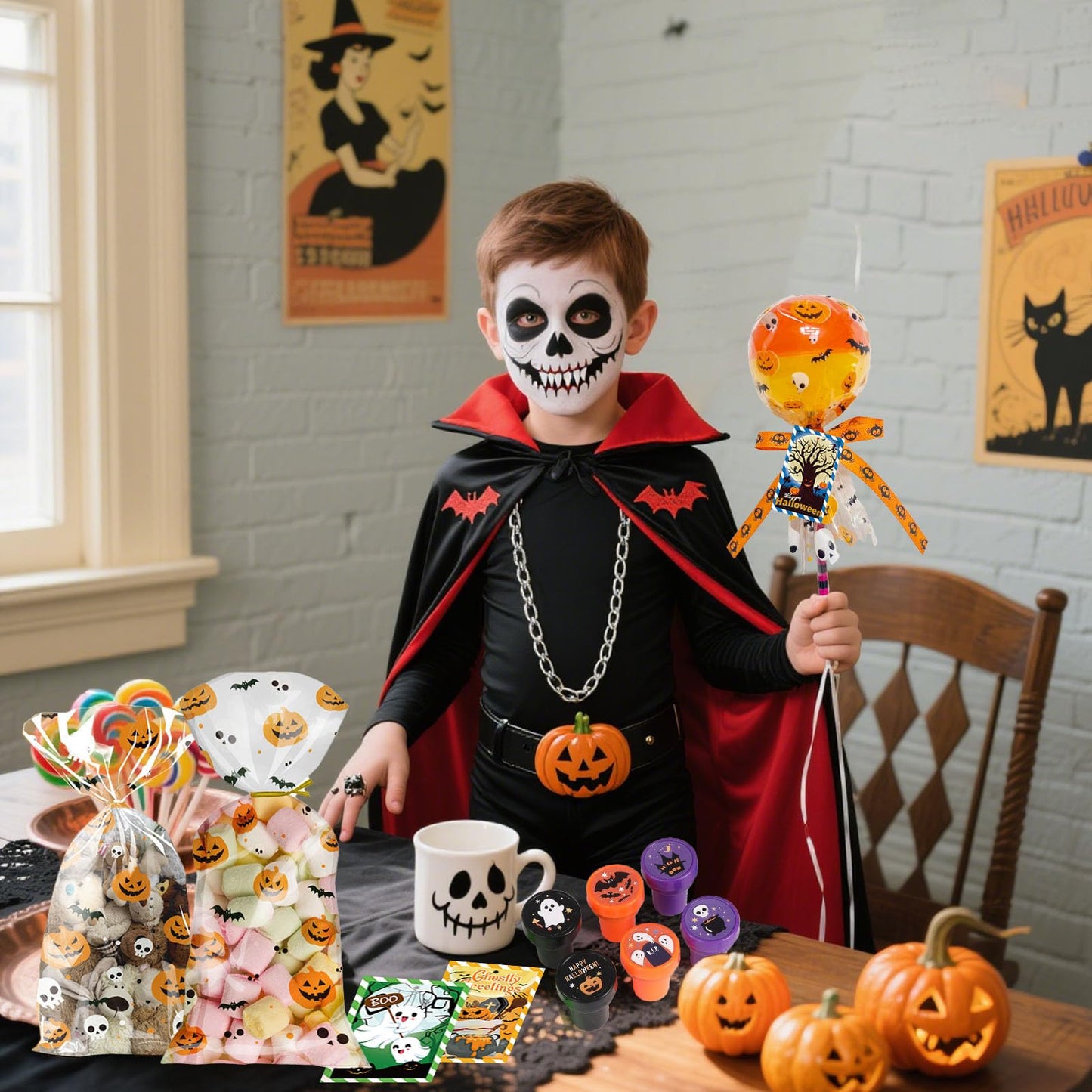 134Pcs Halloween Party Favors Gift Trick or Treat Container, Giant Lollipop with Gift Cards Pencils Stickers Erasers Stampers Bags Ribbons for Classroom School Exchange Party Favors