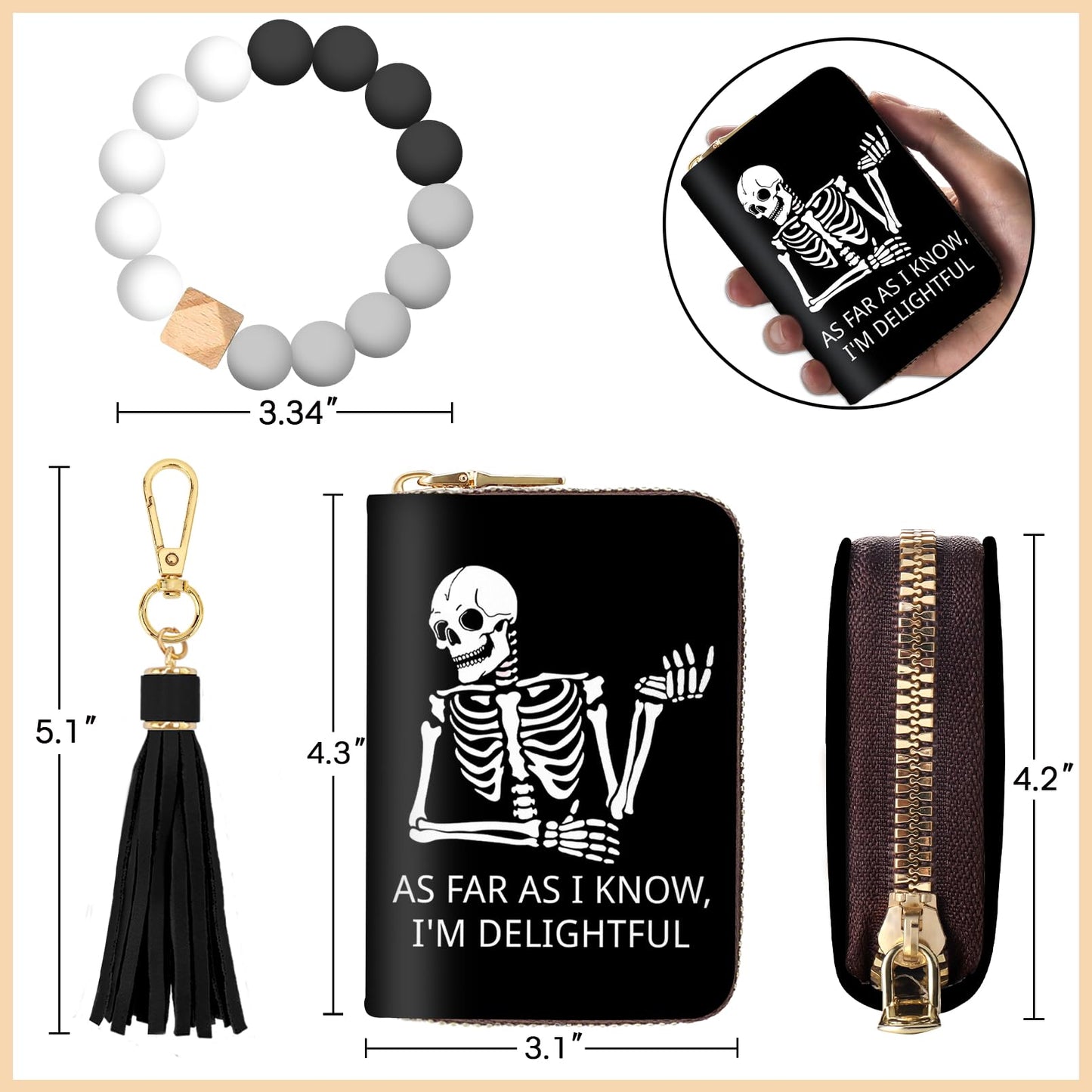 Yonlevres Skeleton Credit Card Holder Keychain Wristlet Bracelet Wallet Women, Gothic Skull Small Wallet Silicone Beaded, Funny Halloween Leather RFID Blocking Wallets Mini Card Case Accordion Gift