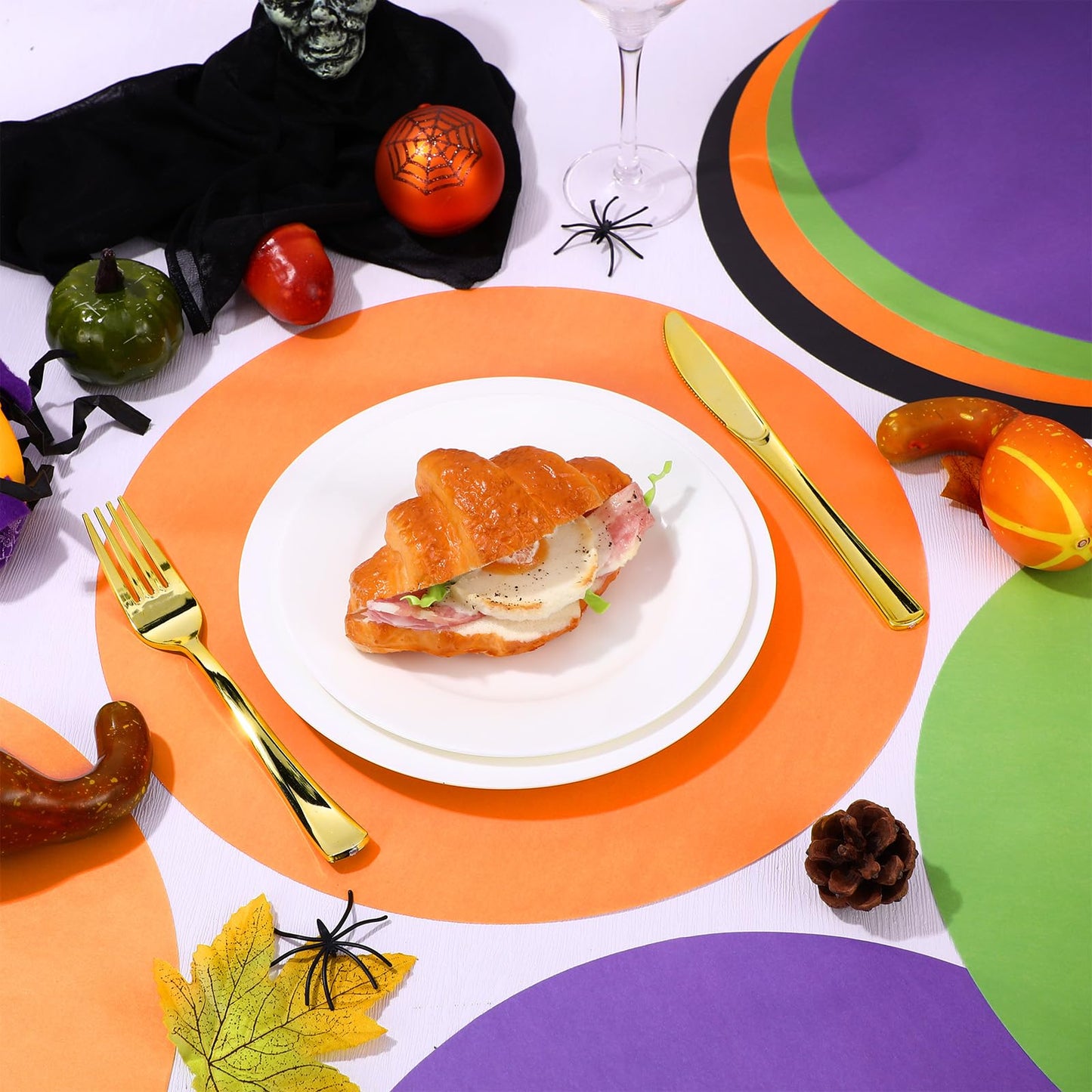 Moinchore 100 Pcs Halloween Disposable Paper Placemats Halloween Kitchen Round Dining Table Placemat Purple Black Orange Green Paper Place Mat Bulk for Thankgiving Dinner Spooky Party Home Restaurant