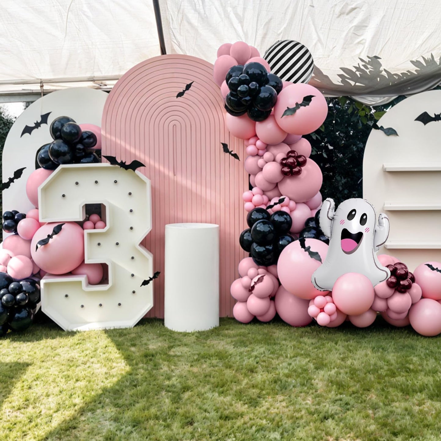 Halloween Balloon Arch Garland Kit, Black Pink Macaron Orange Black and White Striped Ghost Foil Balloons with 3D Bat Stickers for Girls Halloween Party Spooky Birthday Party Decorations