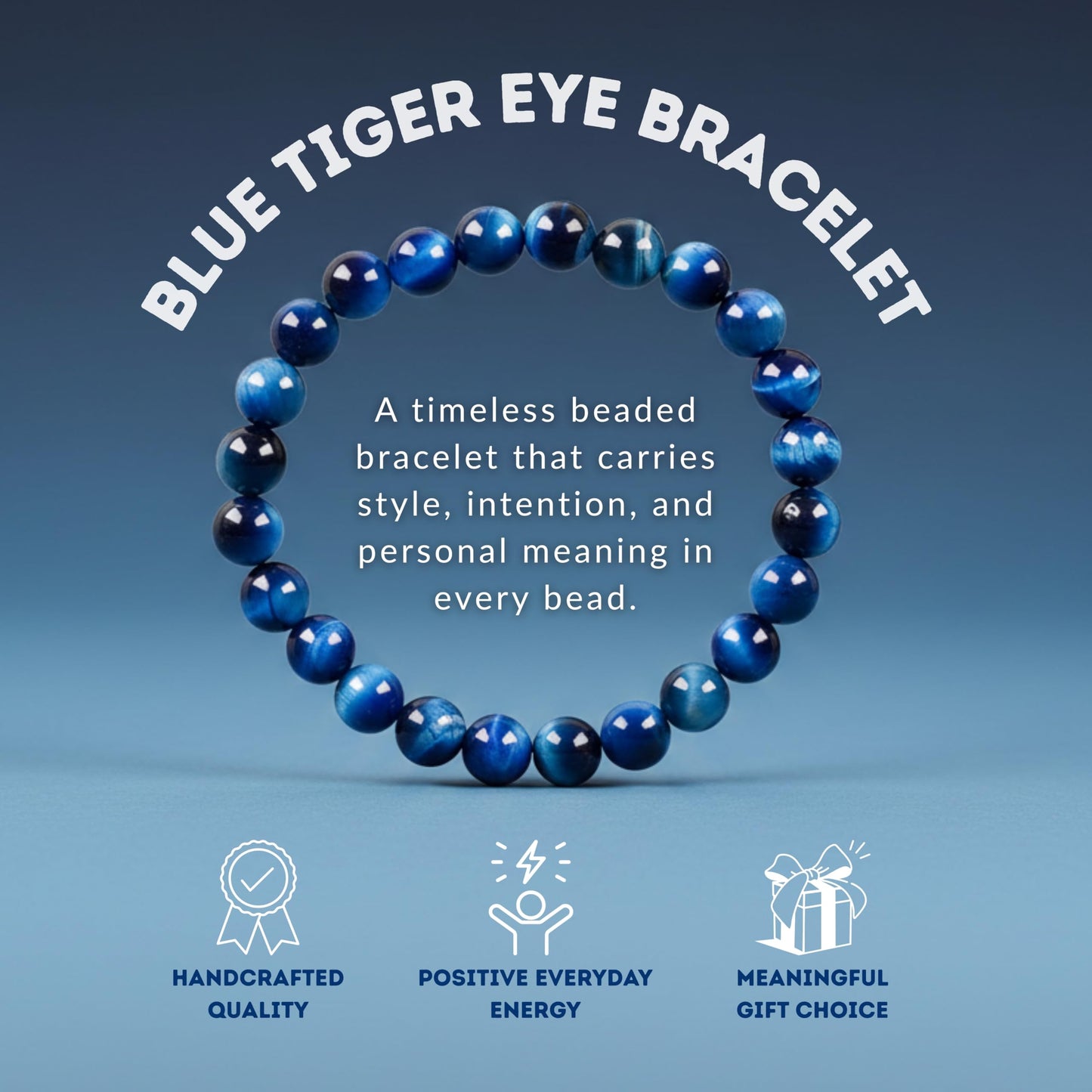 Cherry Tree Collection โ Handmade Crystal Beaded Stretch Bracelets with Jade Blue Tiger's Eye for Women & Men - 8mm Round Gemstone for Protection, Balance & Luck - Medium