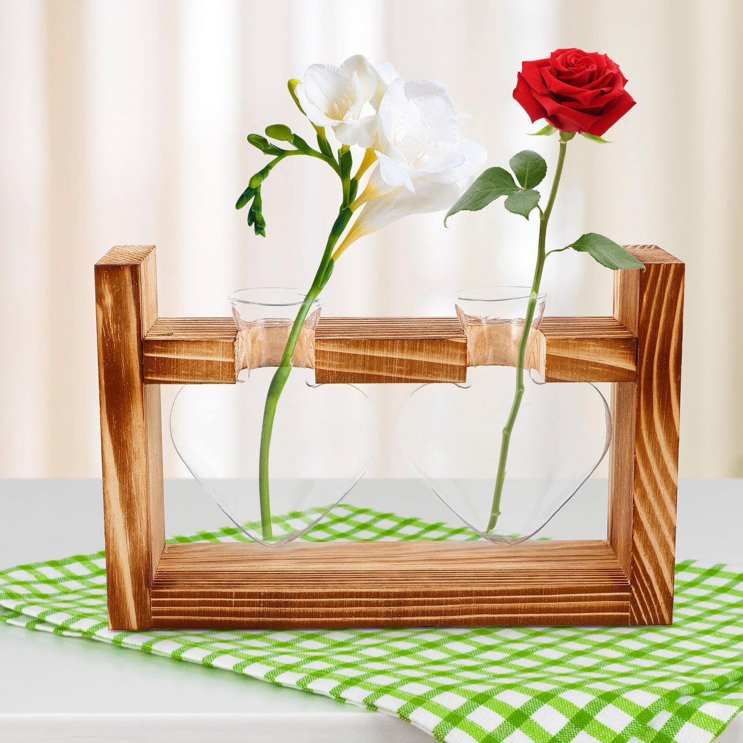 KESYOO Heart-Shaped Hydroponic Glass Planter Vase with Wooden Stand Glass Terrarium for Indoor Plants Home Décor Flower Pot Set with 2 Vases and Rustic Frame