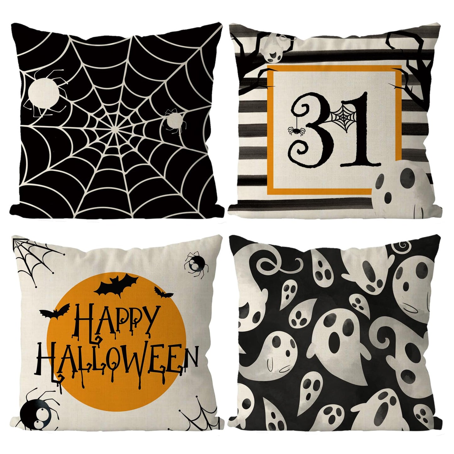 GAGEC Halloween Pillow Covers 20x20 Inch Set of 4 Spider Web Ghost Pillowcase Black Stripe Holiday Farmhouse Throw Pillows Indoor Outdoor Couch Cushion Case for Home Sofa Decor