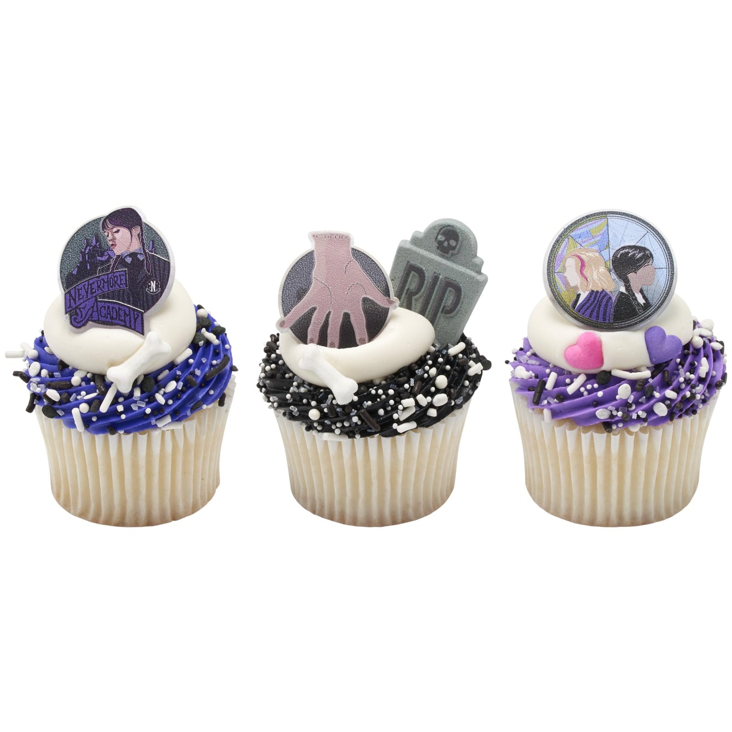 DecoPac Wednesday Outcasts Are In Cupcakes Rings, Nevermore Academy Cupcake Decorations, Food Safe Cupcake Toppers – 24 Pack