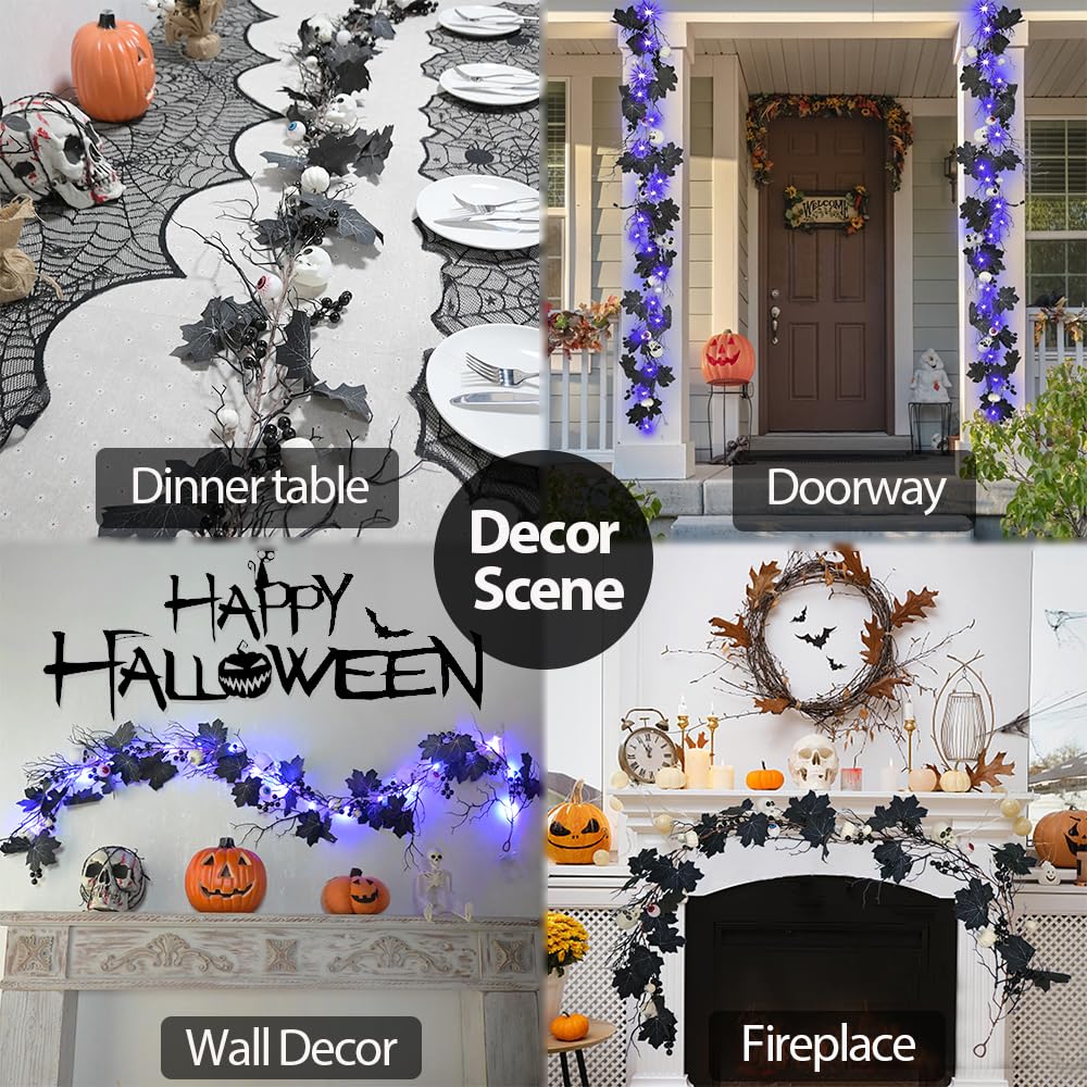HamiFinee Halloween Garland Lights 6FT Battery Operated with Timer Pumpkins Eyeballs Skulls Berries Maple Leaves Dead Branch Black Garland for Fall Party Mantle Wall Home Indoor Halloween Decoration