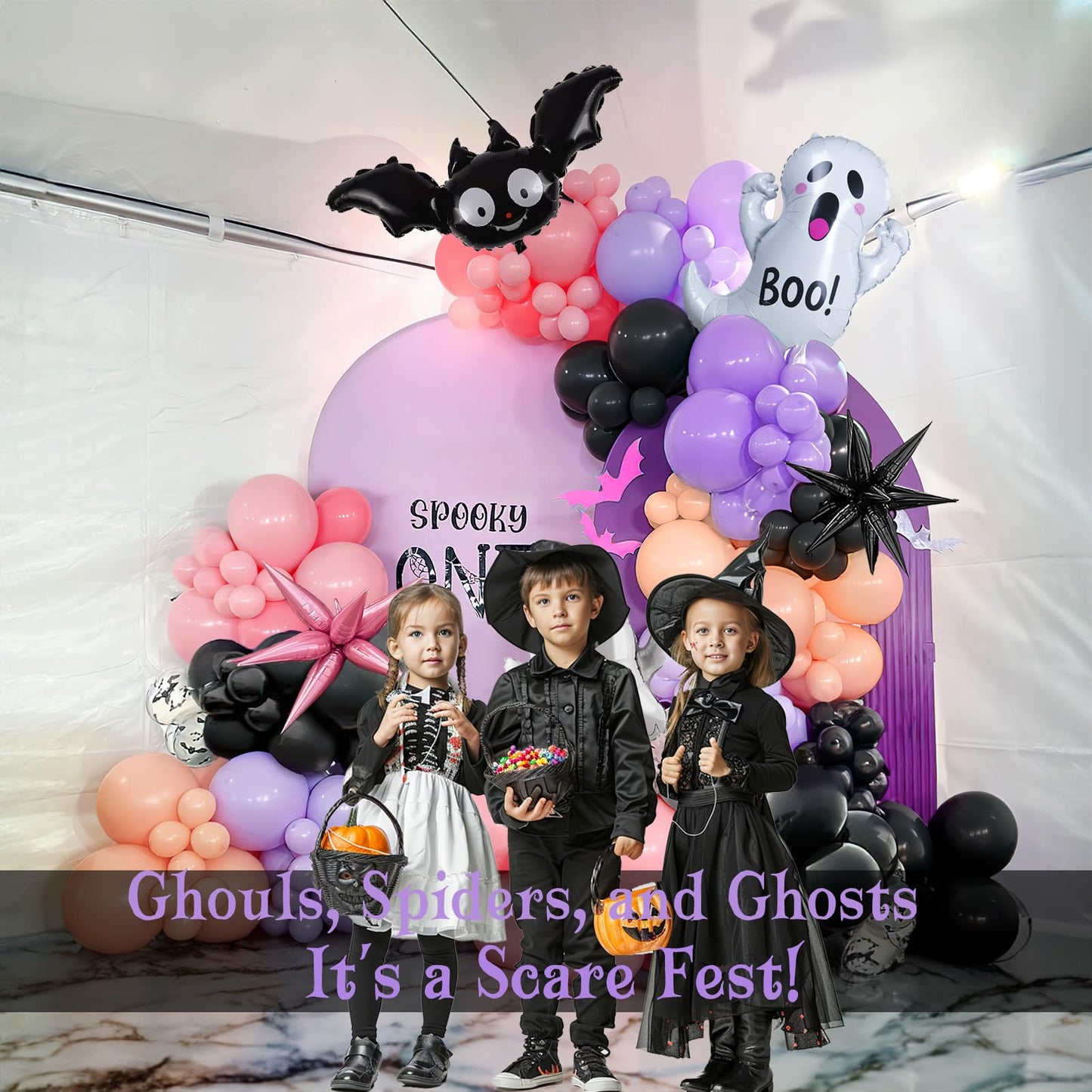 Summerween Pink purple black Balloon Garland Arch Kit 122Pcs with Cute Bat Ghost mylar foil Balloons for Girls Two spooky Halloween Birthday Baby Shower Party Decorations Horror BOO Day Party Supplies