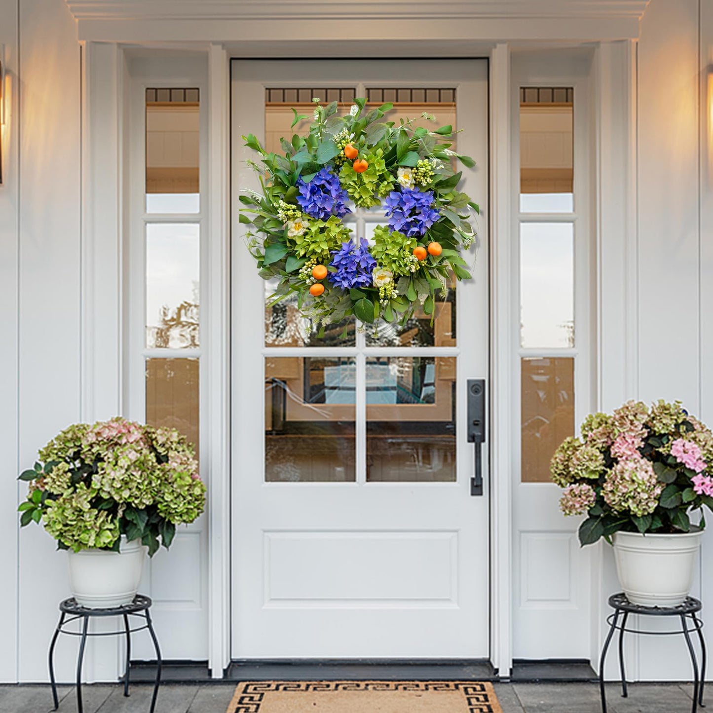 Spring Wreaths for Front Door 24 Inch, Summer Wreath Outdoor,Silk Hydrangea Wreath with White Blossoms & Mini Mandarins, Rustic Farmhouse Indoor & Outdoor Seasonal Wreath, Spring&Summer Home Decor