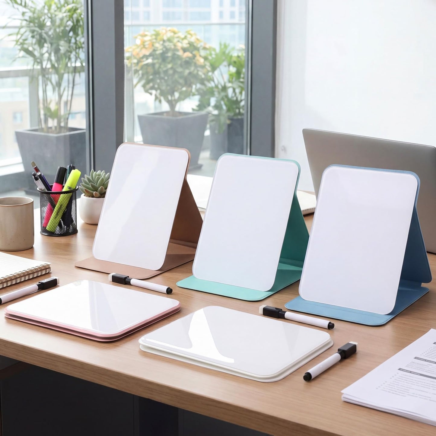 Dunzoom 10 Pcs Small Desktop Glass Whiteboard with Reversable Stand Clear Glass Mini Dry Erase Whiteboard Desktop Easel with 10 Markers for Home Office School, 8 x 6 Inch
