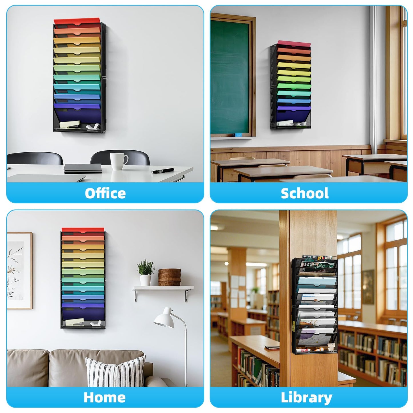 Marbrasse Wall File Holder 11-Tier Hanging Wall File Organizer, for Papers, Files Clipboard & Magazine Organizer, Wall Mount File Holder Great for Office Home (Black)
