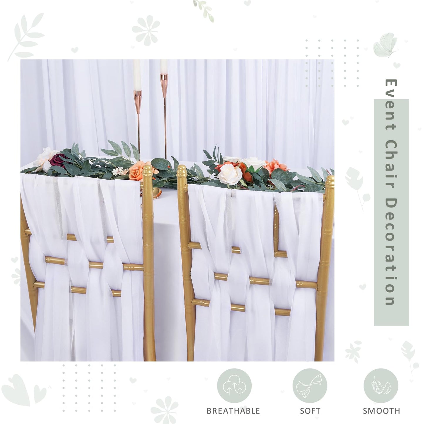 Fanqisi White Chair Sashes 16 Packs 8ft Long Aisle Wedding Chair Back Side Decorations Fabric Sheer Church Tulle Chairs Drapes Bulk