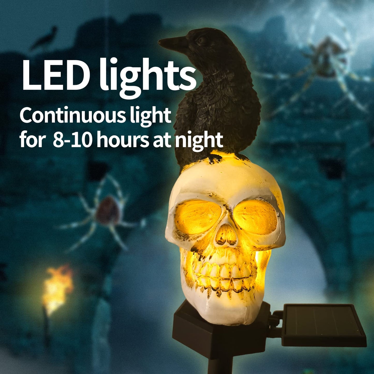QH & Garden Halloween Outdoor Decoration Solar Lights, Waterproof Ghost Lights, Skull Solar Garden Statue with Black Crow on Skull, Skeleton Stakes with LED, Stunning Halloween Decorations