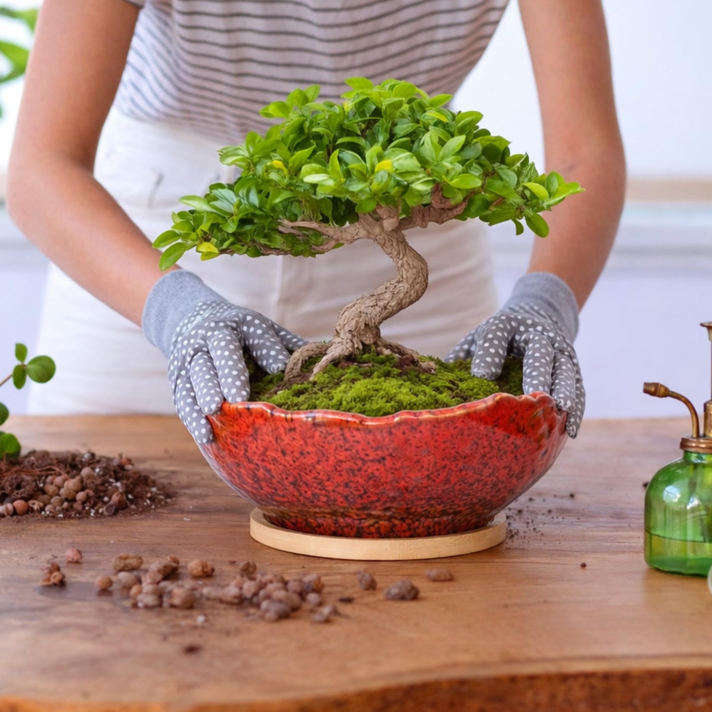 ARTKETTY Bonsai Pots - 9.06'' Ceramic Pots for Indoor Plants, Large Succulent Pots with Drainage Bamboo Tray, Unique Bonsai Tree Planters Round Cactus Flower Plant Container Bowl Home Office Decor