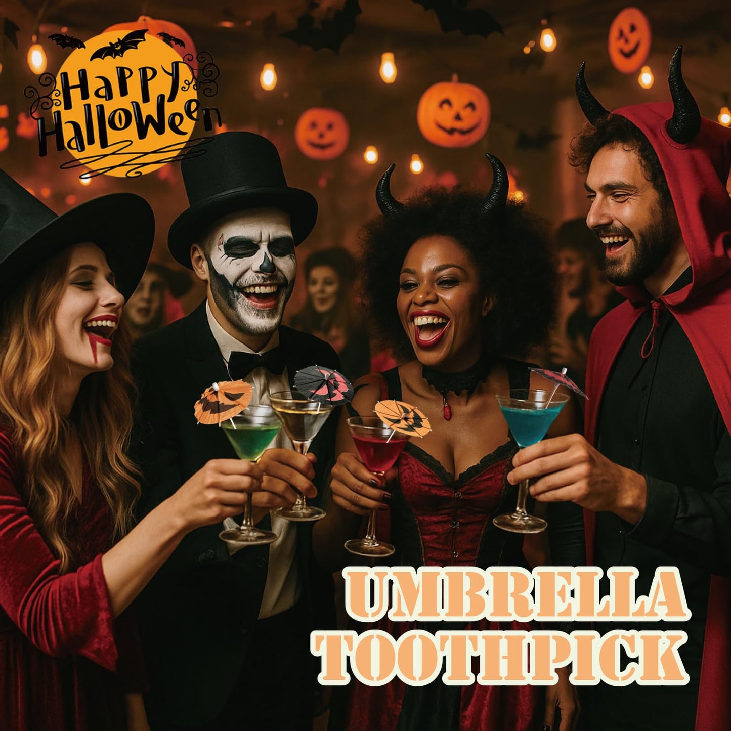 140 Pcs Halloween Pumpkin Cocktail Drink Umbrella Picks, 4 Inch Spooky Paper Toothpicks with Pumpkins Cocktail Umbrellas Fruit Dessert Cupcake Topper Sticks for Halloween Party Decorations (Orange)