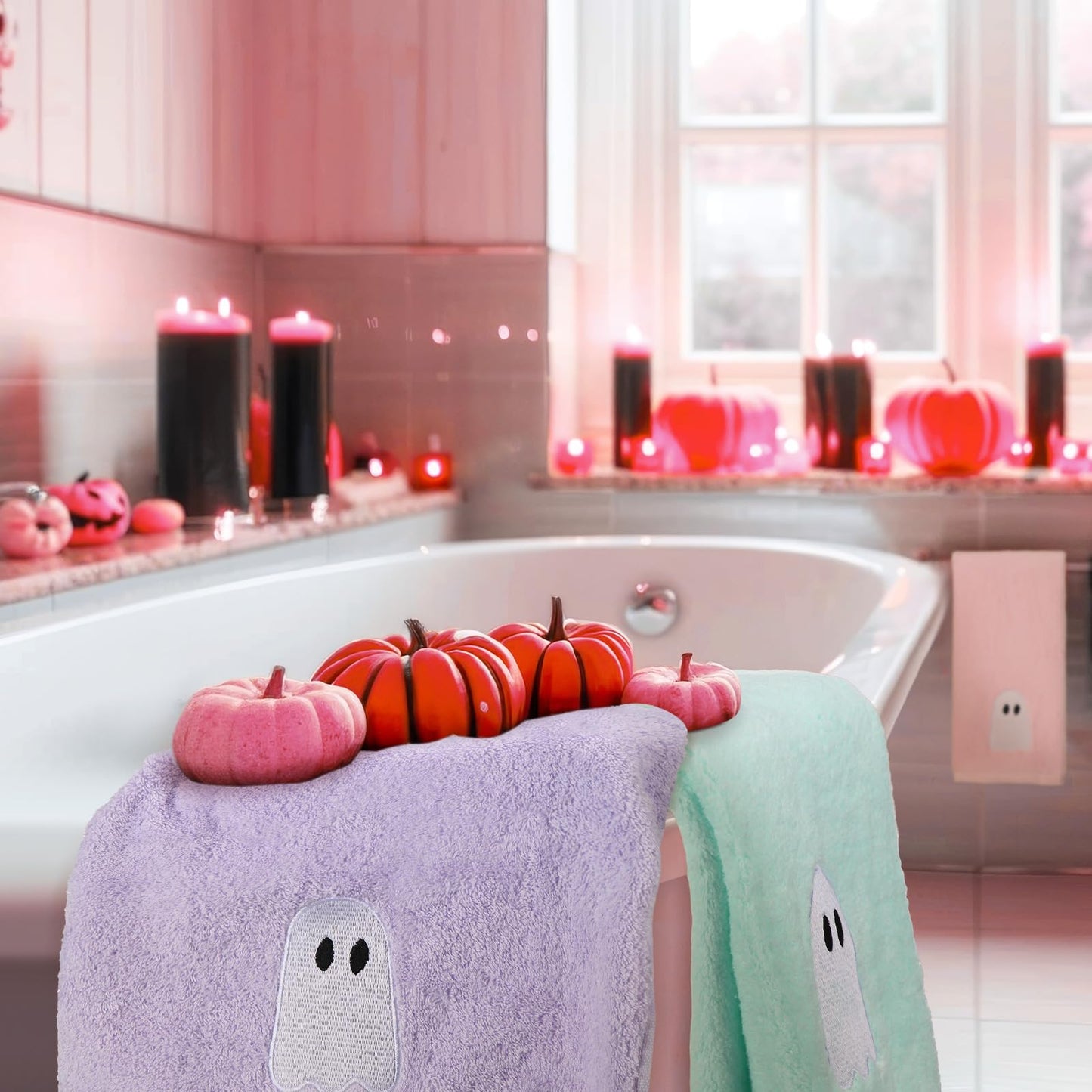 Remagr 3 Pcs Pastel Ghost Halloween Hand Towels Embroidered Pink Green Purple Ghost Halloween Spooky Cotton Hand Bath Towels for Bathroom Kitchen Decor Gift, 29.5" x 13.8"