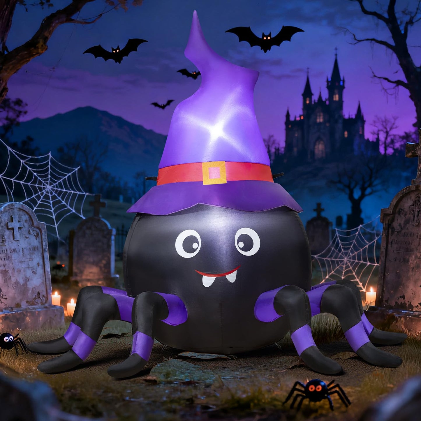 5FT Halloween Inflatable Spider with Witch Hat Outdoor Decoration, Blow Up Yard Inflatable Decorations with Built-in LED Lights for Garden/Lawn/Holiday/Home Party Decor