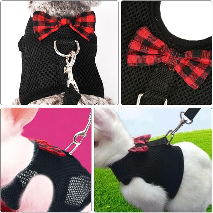 Pet Vest Harness Set Breathable Mesh Chest Strap No-Pull Adjustable Black Large 35-40cm for Small Pets Rabbit Guinea Pig Squirrel Walking