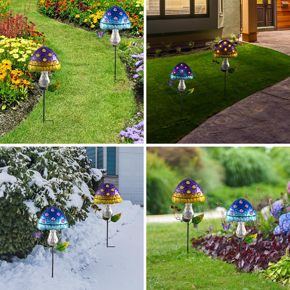 Venniy Solar Mushroom Lights for Outside 2 Pack,Mushroom Solar Lights Outdoor Metal Stakes Decorate Garden,Path,Backyard,Flower Bed,Pathway,Lawn