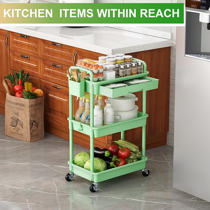 Goovilla 3 Tier Rolling Utility Cart Organizer with Removable Drawer, Stable and Sturdy Green Rolling Storage Carts with 2 Lockable Wheels for Bathroom, Kitchen, Snack, Craft, Makeup, Baby Essentials