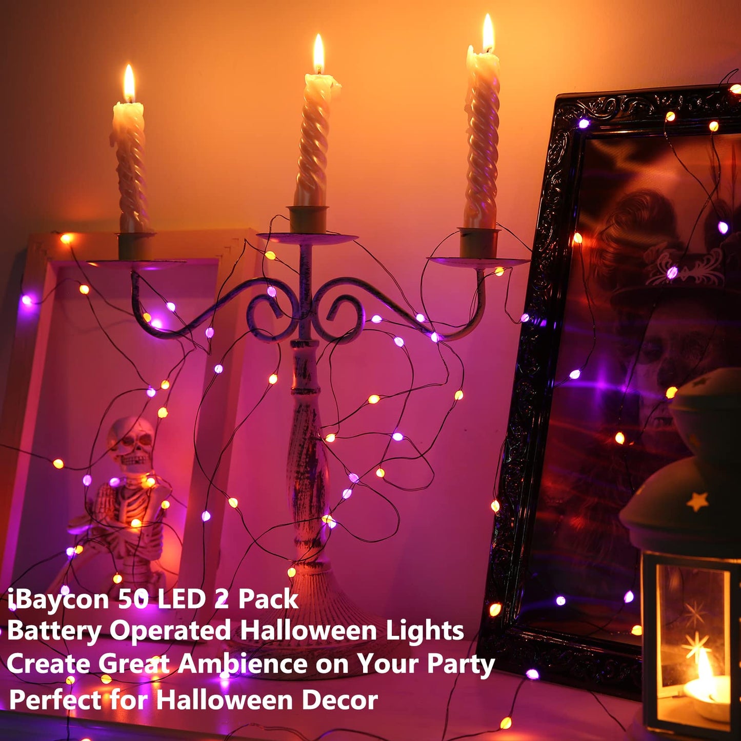 iBaycon 2 Pack 50 LED Battery Halloween Lights, 16.4ft Battery Operated Halloween Lights, Orange Purple Waterproof Twinkle Fairy Lights with 8 Modes & Timer for Indoor Outdoor Halloween Decorations