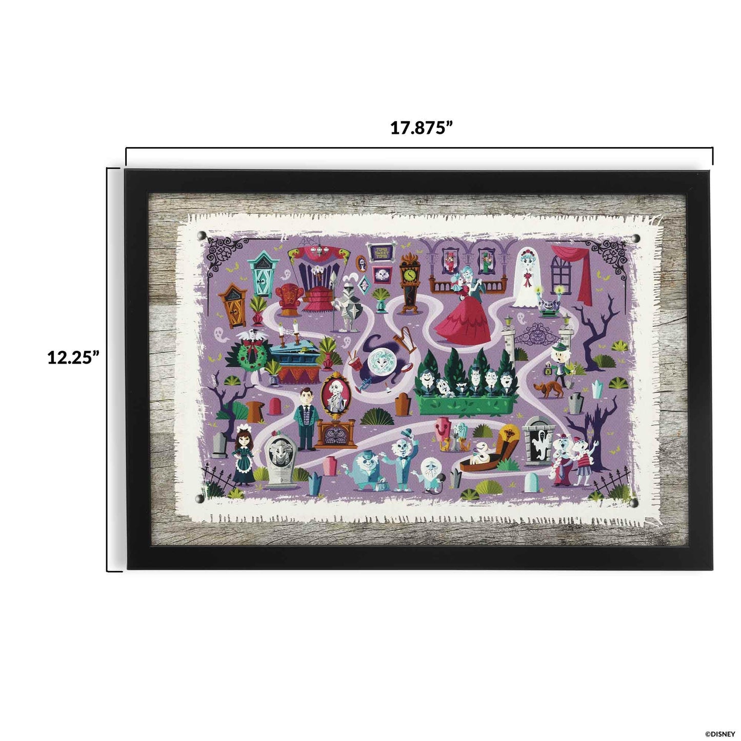 Disney Haunted Mansion Map Framed Wood Wall Decor - Fun Haunted Mansion Picture for Kids' Room or Halloween Decor