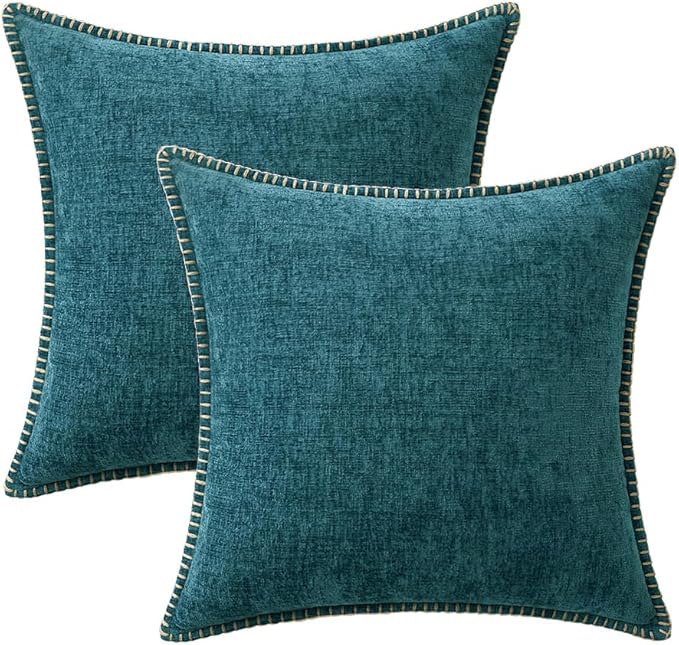 MIULEE Pack of 2 Couch Throw Pillow Covers 18x18 Inch Dark Teal Farmhouse Decorative Pillow Covers with Stitched Edge Soft Chenille Solid Dyed Pillow Covers for Sofa Bed Living Room