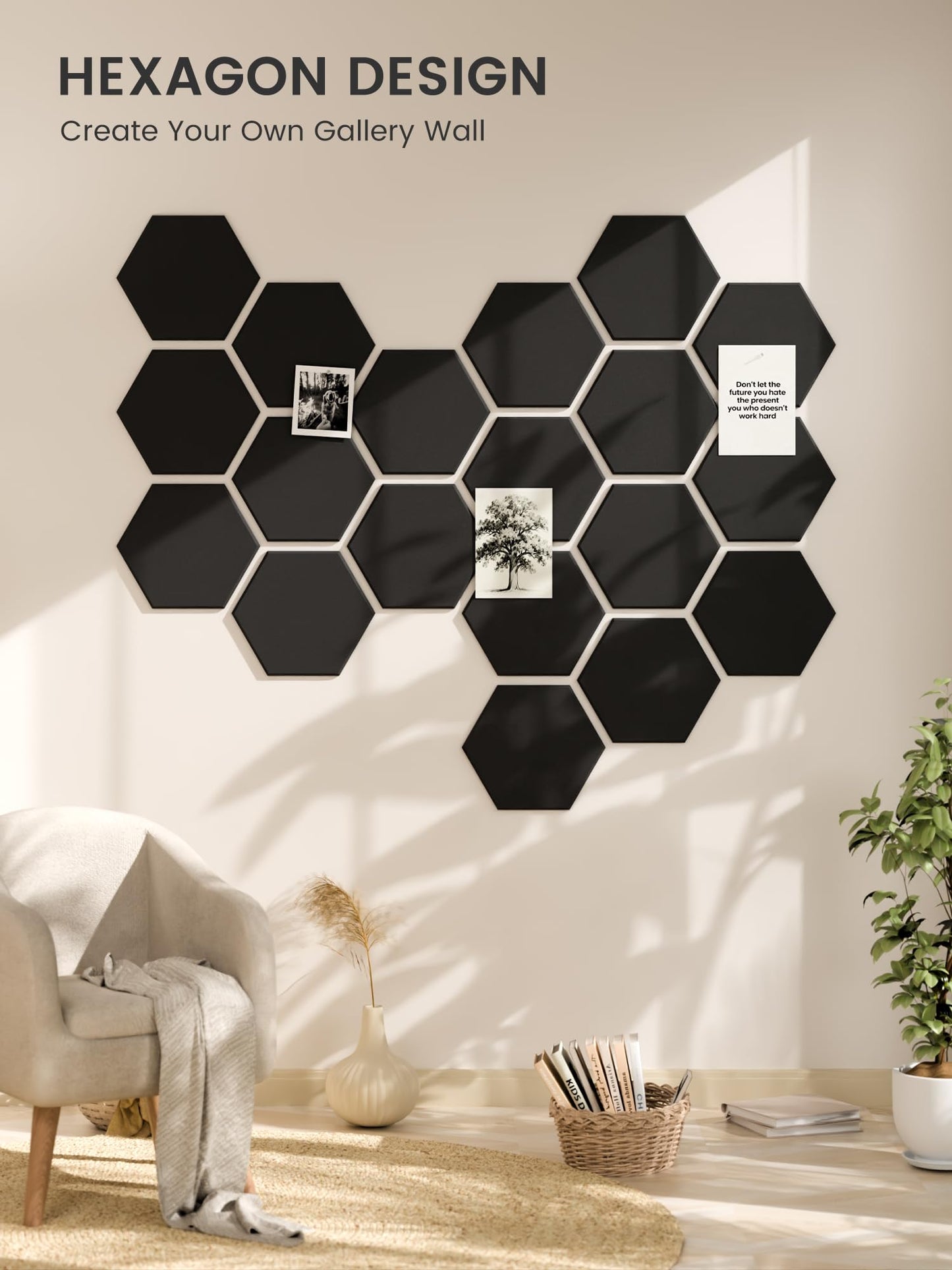 Fluxynara Hexagon Cork Board Alternative for Walls Decor-12-Pack Felt Bulletin Board Tiles,with 30 Pushpins,70 Adhesive Tabs for Office,Classrooms & Home Pin Board Felt Board-Black