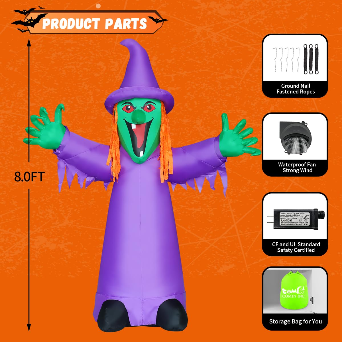 COMIN 8 FT Halloween Inflatables Shakable Witch Outdoor Decorations Blow Up Yard Scary with Built-in LEDs for Indoor Party Garden Lawn Decor