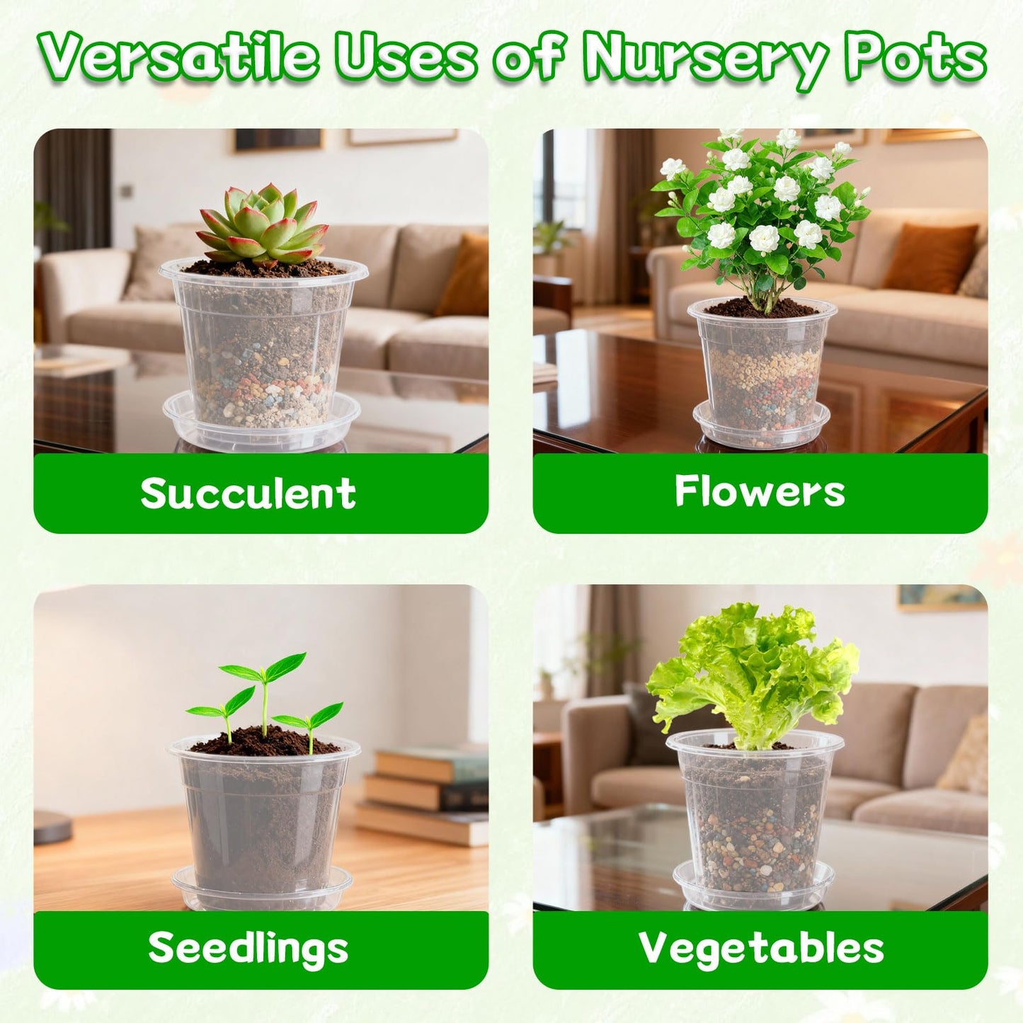 FDKYOEK 30Pack Clear Nursery Pots with Drainage and Saucer, 3/4/5/6/7in Clear Plastic Pots for Plants Flowers Succulents Vegetables, Transparent Plant Pots with 100 Planter Labels for Seedling Starter