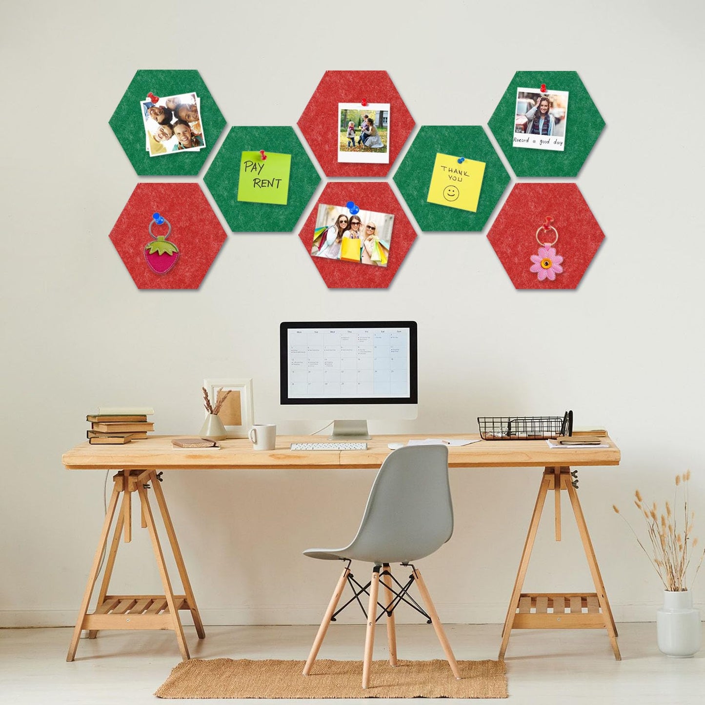 8 Packs Red Green Hexagon Felt Pin Board, 12" Bulletin Board with 30 Push Pins, Felt Board for Home Kitchen Office Decor, Self-Adhesive Corkboard Tiles for Walls Message Photos Memos Display