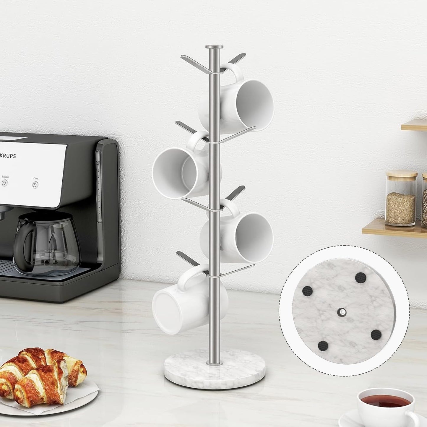 Gypie Marble Mug Holder Tree, 8 Hooks Brushed Nickel Coffee Cups Stand, New Upgraded Stable Mug Stand for Kitchen Counter Cabinet Cafe
