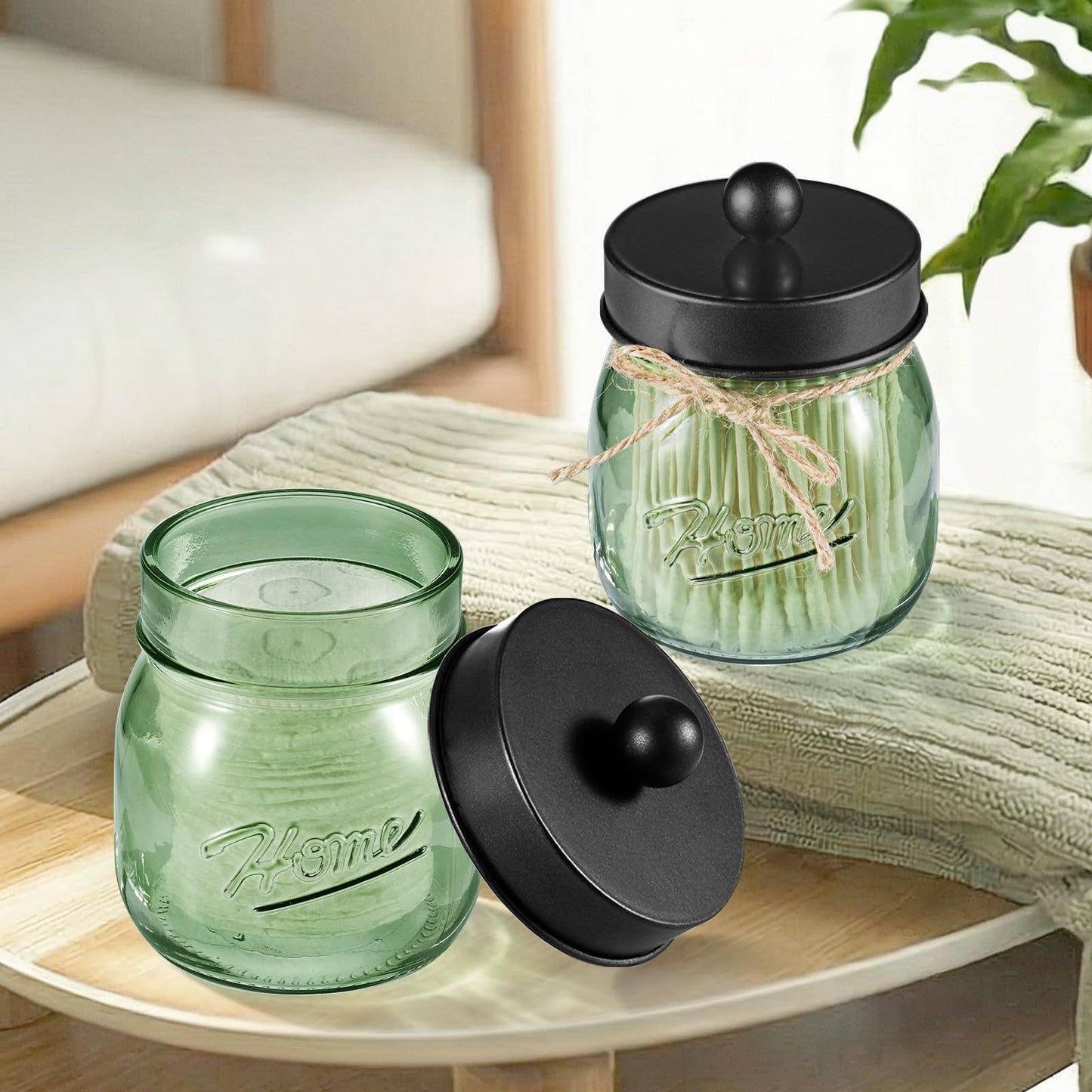 SheeChung Green Glass Qtip Holder Dispenser, Mason Jar Apothecary Jars with Lids, Bathroom Organizers and Storage, Vanity Countertop Canisters Set for Cotton Swab, Ball, Pad, Floss Pick-Black, 3 Pack